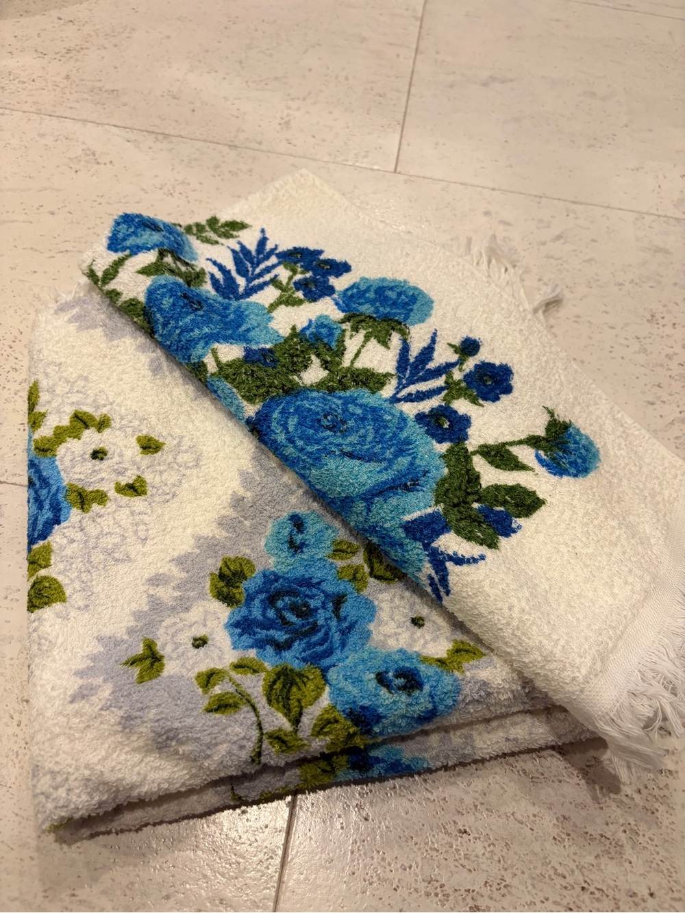 Vintage Floral Blue Rose Cotton Bath and Hand Towel